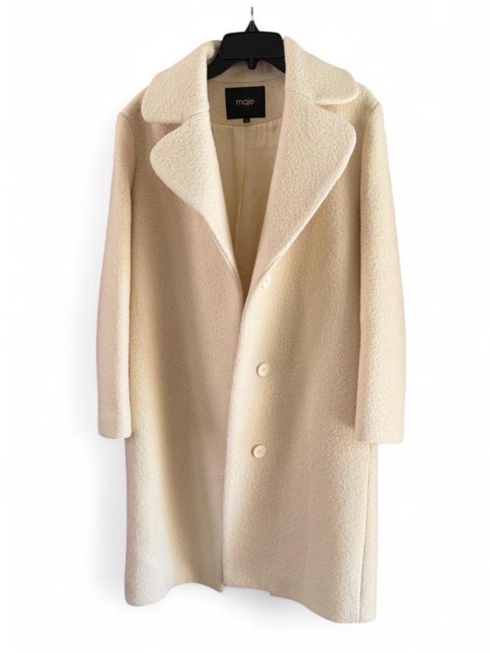 Maje Long Coat Cream Ivory Bouclé 100% Wool | Size FR38 (US6)